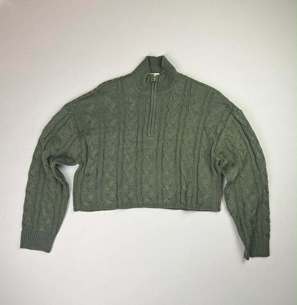 no comment NY-LA Women's Sage Green Cropped Cable Knit 1/4 Zip Pullover Sweater